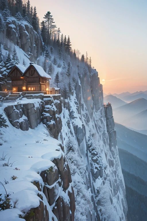big Slavic village up on the mountain, thatched roofs, village on a rocky cliff, tightly packed houses