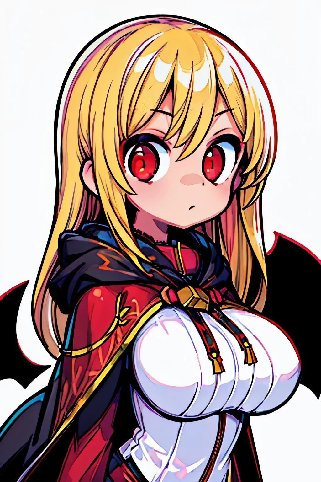 (girl:1.2), (blonde red eyes), (solo:1.2), (pixiv masterpiece:1.2), (cloak hooded:1.2), (large breasts:1.2), (white background:1.5)