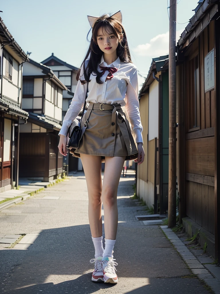 ((table, Best quality: 1.1), ((Anime girl в синем платье и дорожной сумке.)), ((Shoes - sneakers.)),Anime girl , dressed in a cute suit,((Autumn sky in Kyoto)), ((Brown hair))、(long hair)、Very Beautiful Anime cat girl, аниме cat girl, ((White knees)), Attractive cat girl, inspired by Leiko Ikemura, Ai Takano's color style, In the art style of Ryuu no Oshigoto, cat girl, Touhou characters, Rei Hiroe、with a smile