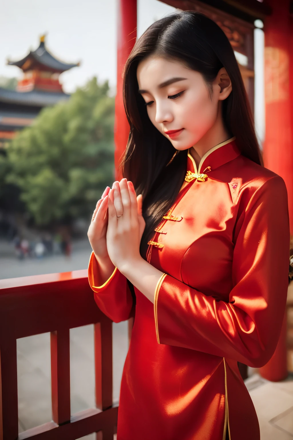 (​Masterpiece、High level of image quality、high quality)、(Beautiful realistic Chinese woman:1.5、Beauty:1.4)、temple、January、Woman folds her hands in prayer、perfect anatomy、beautiful limbs、Wear red Hanfu dress、23 years old、Chinese loft building in the background，patio