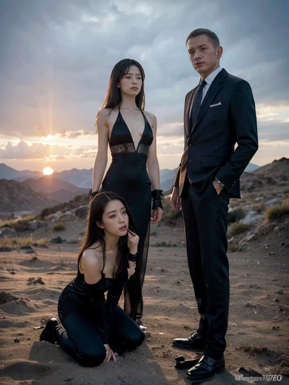 ban nsfw,original photo,depth of field,dramatic,(Real movie stills:1.3),(best quality, high resolution:1.2), Super detailed details, (actual、lifelike、Realism:1.3), Inspired by the 007 movie,at sunset,spectacular cloud formations,top of mountain,full body portrait,A beautiful and handsome couple,Woman kneeling at the man's feet, sophisticated evening gown,The atmosphere of the battle, Threatening atmosphere, close up, Perfect body,性感的long legs,long legs,Highly detailed facial details, real background,背景在top of mountain,Stills from the real 007 movie,Movie plot,The man stands next to the woman,(sharp focus:1.2), Very detailed, (lifelike:1.4), (The original image, 8K high resolution:1.2), RAW candid movies, 16 mm, Color graded Portra 400 film, Surreal, subsurface scattering, Ray tracing, (Volumetric lighting),Two men in suits behind