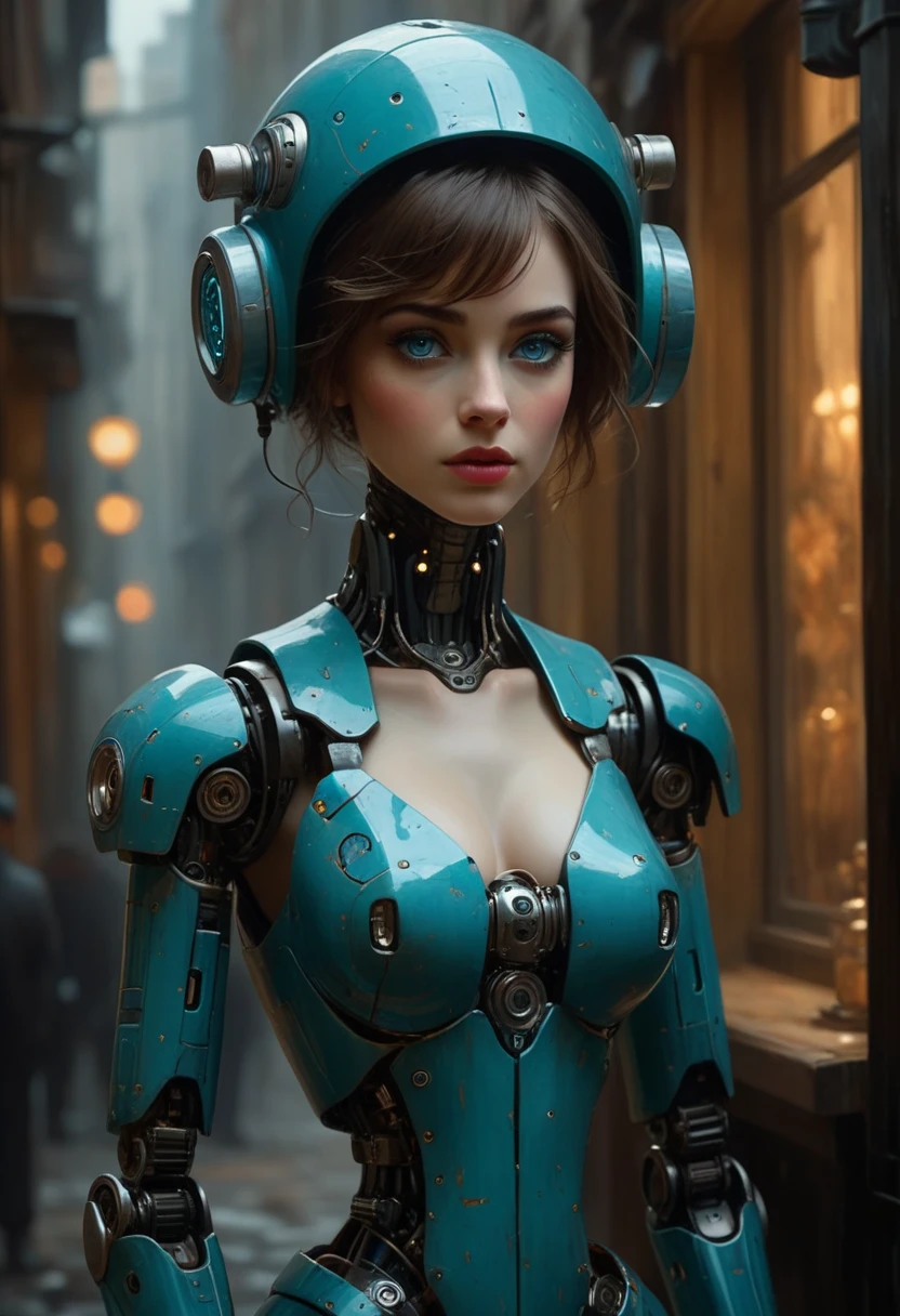 Full length view. Little funny robot, porcelain face and head, big turquoise eyes, perfect eyes, top quality style. A beautiful cinematic impressionistic picture, a dark dramatic character, in the style of Jeremy Mann and Charles Dana Gibson, Mark Demsteder, Paul Hedley. Spartak Mukanov.
