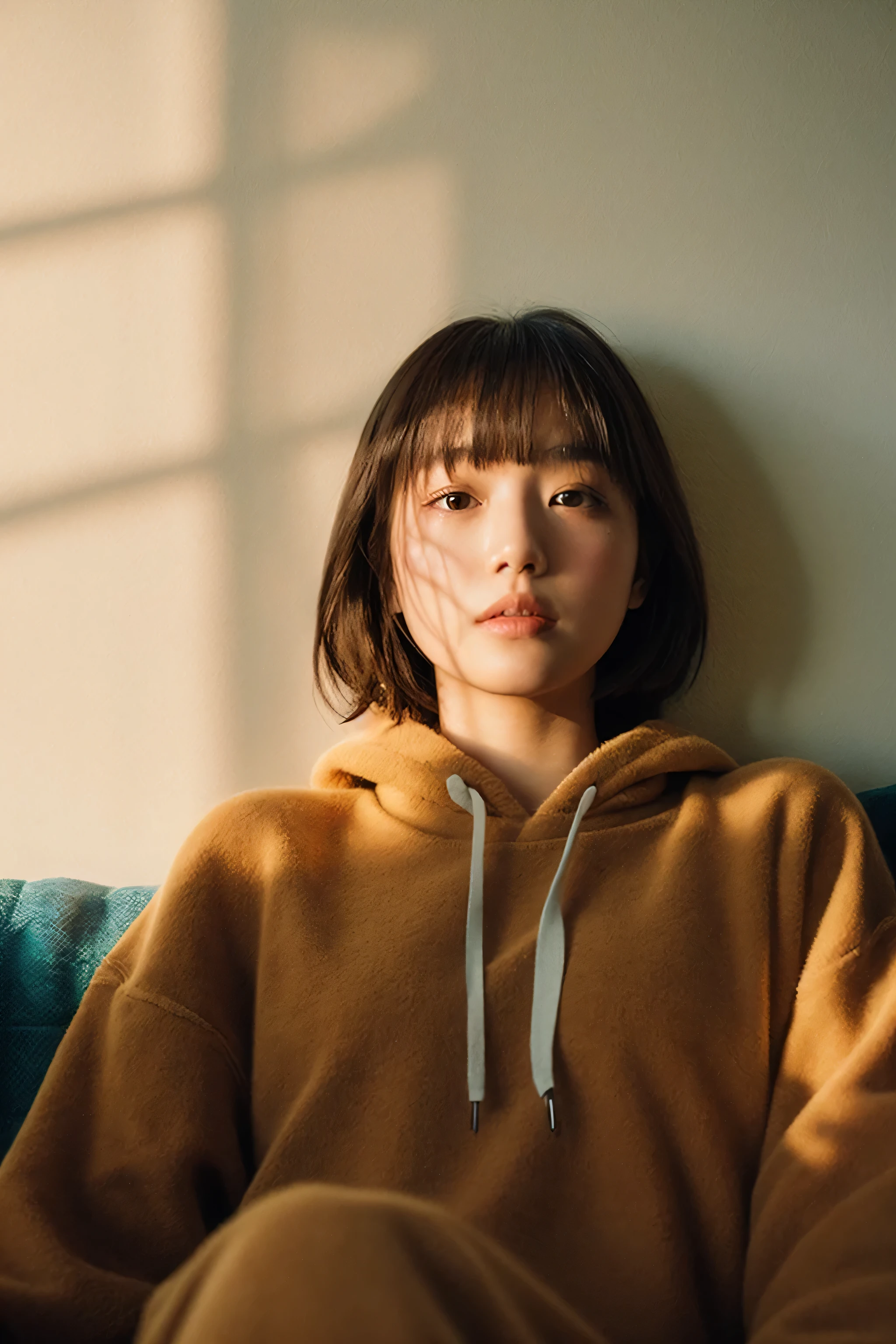 (masterpiece:1.3),(8k, photorealistic, RAW photo, best quality:1.4),(japanese:1.1),1girl,beautiful face,(realistic face),beautiful hairstyle,Extremely short bob with bangs,realistic eyes,beautiful detailed eyes,(realistic skin),beautiful skin,attractive,ultra high res,ultra realistic,highly detailed,(slim:1.4),(slender:1.4),(full_shot:1.5),
BREAK
wearing a sweatshirt,minimalistic,simple room,lying on the huge sofa,
BREAK
(film grain:1.2),(analog film:1.1),(soft lighting:1.5),(cinematic shadow and highlight:1.4),(simple background:1.6),(interplay of light and shadow:1.2),(artistic composition:1.6),