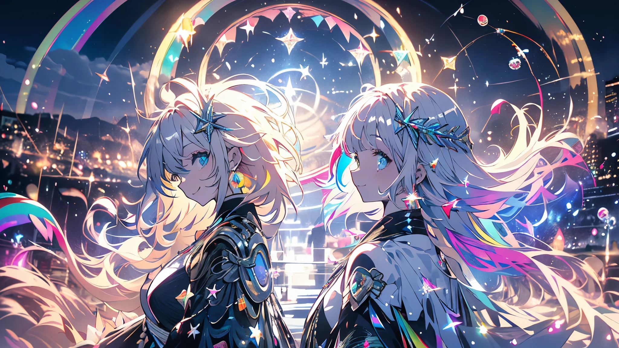 of the highest quality、obra maestra、chica anime、pelo blanco、sonrisa、paisaje、perfil、(((muchas burbujas de colores del arco iris)))、soap bubble、cielo nocturno、las estrellas brillan