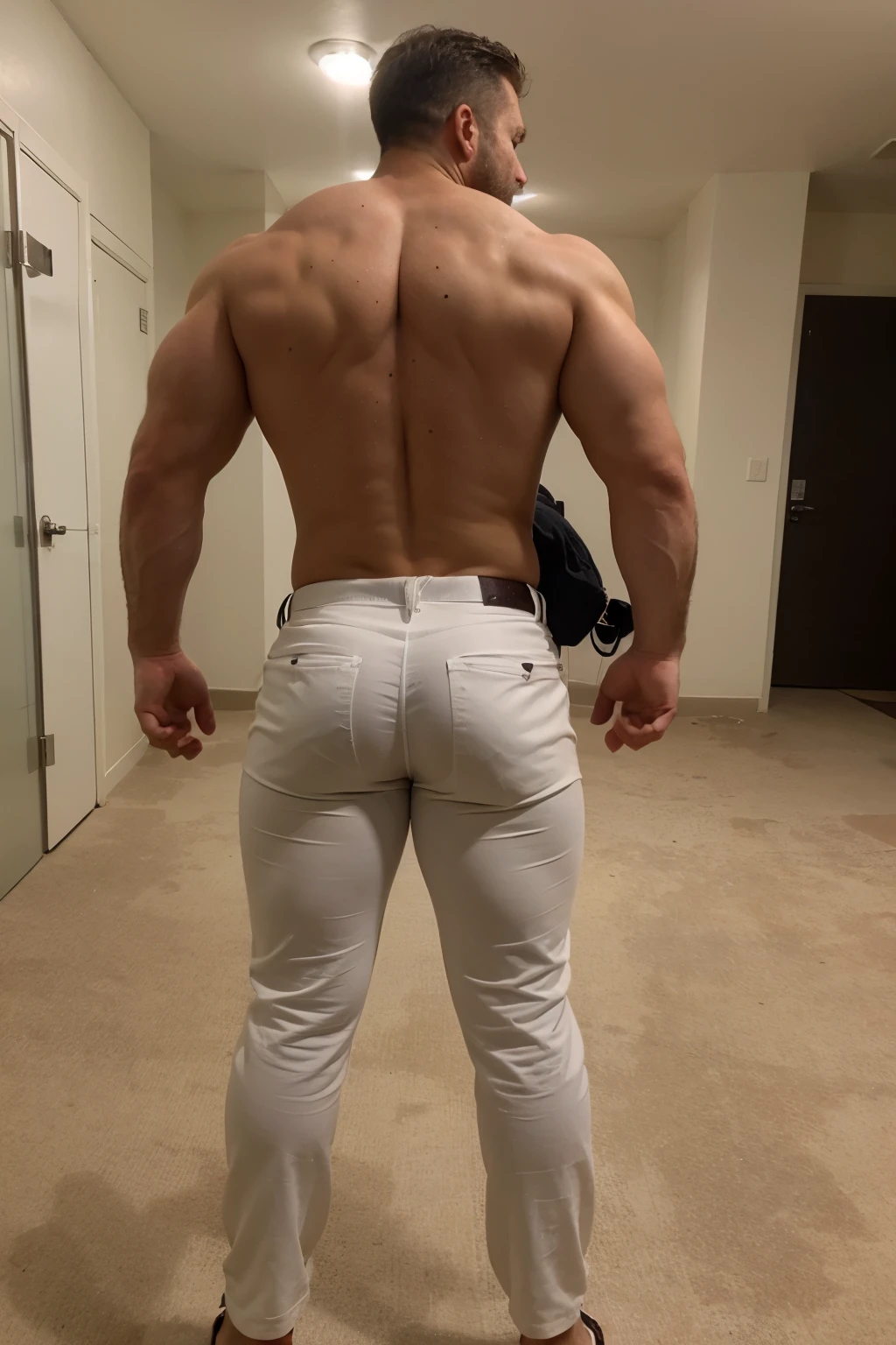 Araffe man standing in a hallway with a chair and a mirror, dick, full growth from behind, in full growth from behind, exaggeratedly large physique, thick body, robust stocky body, dick build, Rear view. nuri iyem, Full-bodied portrait, hyperrealistic full-body figure, Absurdly massive physique, strong