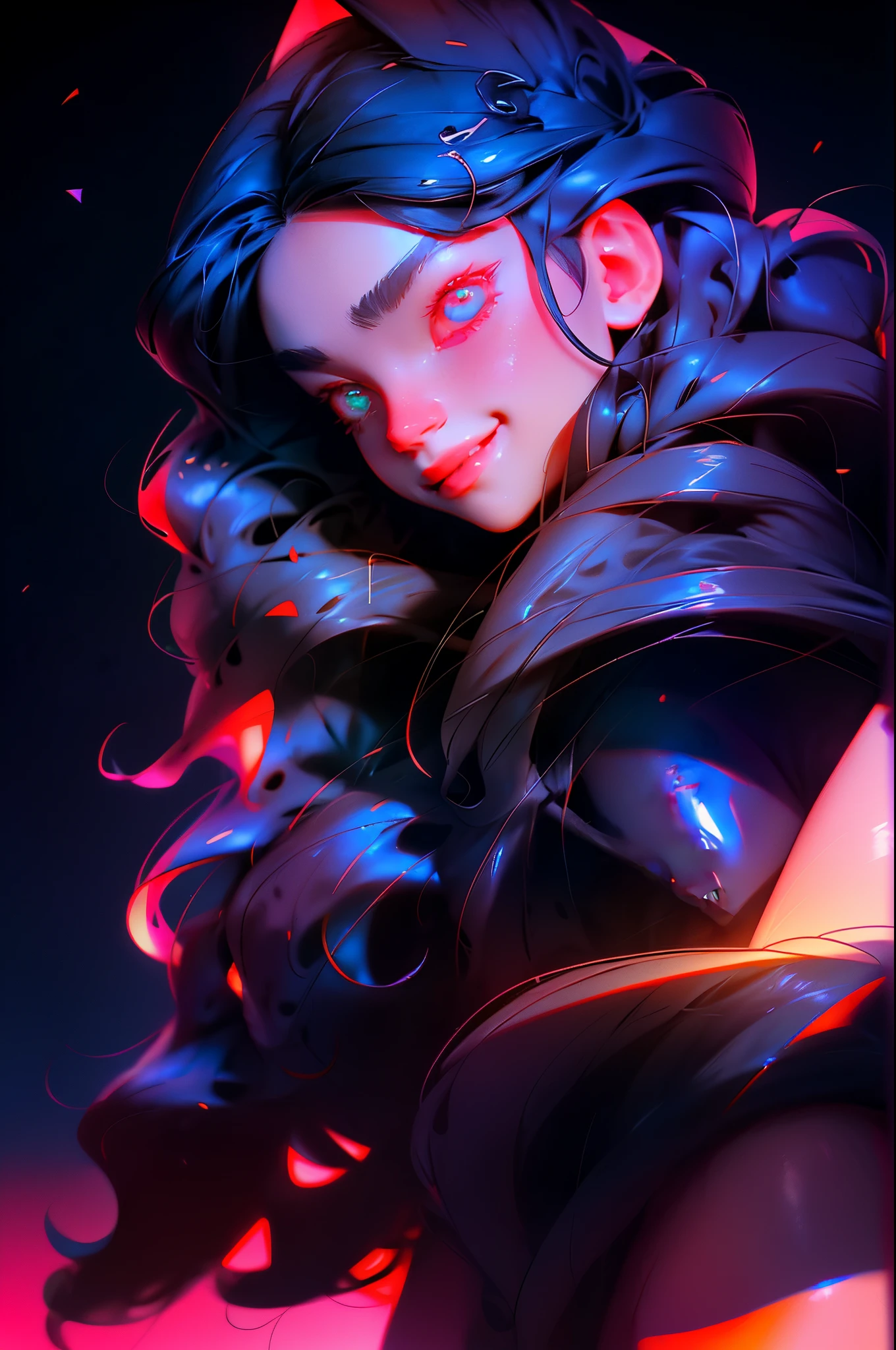 Black-haired enchantress, (floating_long_hair:1.3), wink and (wincing:1.2) smile, Seductive beauty, cool vibe, Long eyelashes batting, Solid circle eyes, (detailed eyes:1.5), fake Animal ears adorned, (light_smile:1.2), Ear blush giving a subtle hint, Sharpen your gaze with a Fang, Surrealism, (drop_shadow:1.3), Anaglyph 3D depth, Stereogram, (tachi-e:1.3), Point of View gameplay, Atmospheric perspective adding depth, Super