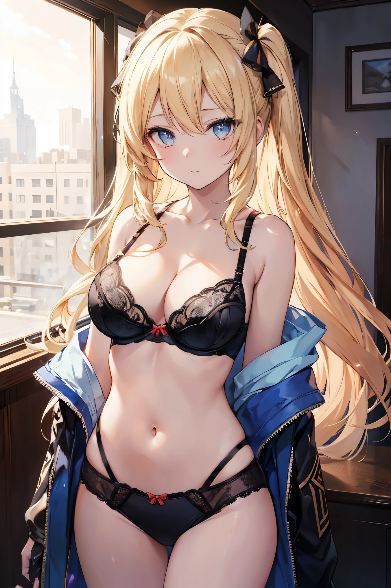 anime girl dans une jupe courte posant devant un bar, attractive anime girl, Fine details. girls frontline, Jolie fille d’anime, De Girls Frontline, fille blonde d’anime aux cheveux longs, Style de première ligne pour filles, mignon anime fille, petit  sinueux, Belle fille d’anime, Splash Art Anime , aussi, Tiré du jeu vidéo Azure Lane, Style de la collection Kantaï, sparkling flame eyes, jeweled eye, masterpiece, 16k, (open clothes, show off bra:1.5)