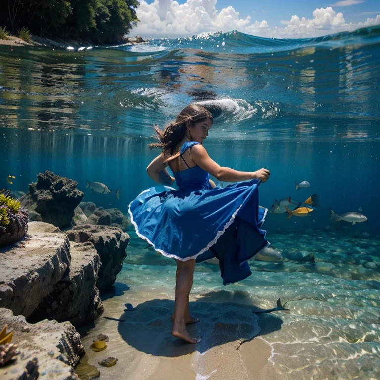 Chica de largo pelo azul caminando sobre un mar lleno de grandes peces, hermosa chica, peces grandes, mar, azul, realista, 