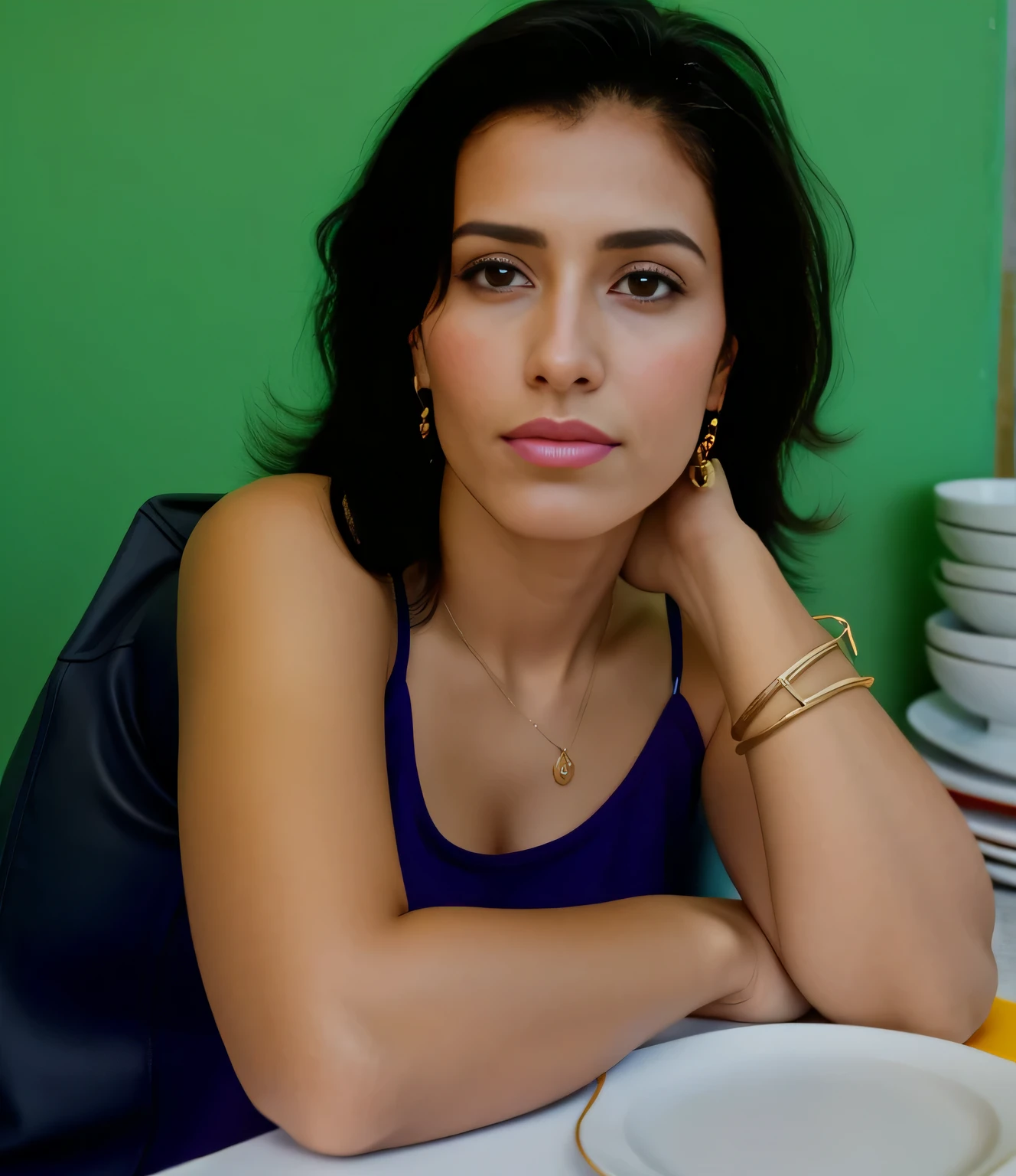 there is a woman sitting at a table with a plate of food, fernanda suarez, by Nándor Katona, malika favre, profile image, by Almeida Júnior, valentina remenar, by Amelia Peláez, foto realista, magda torres gurza, alanis guillen