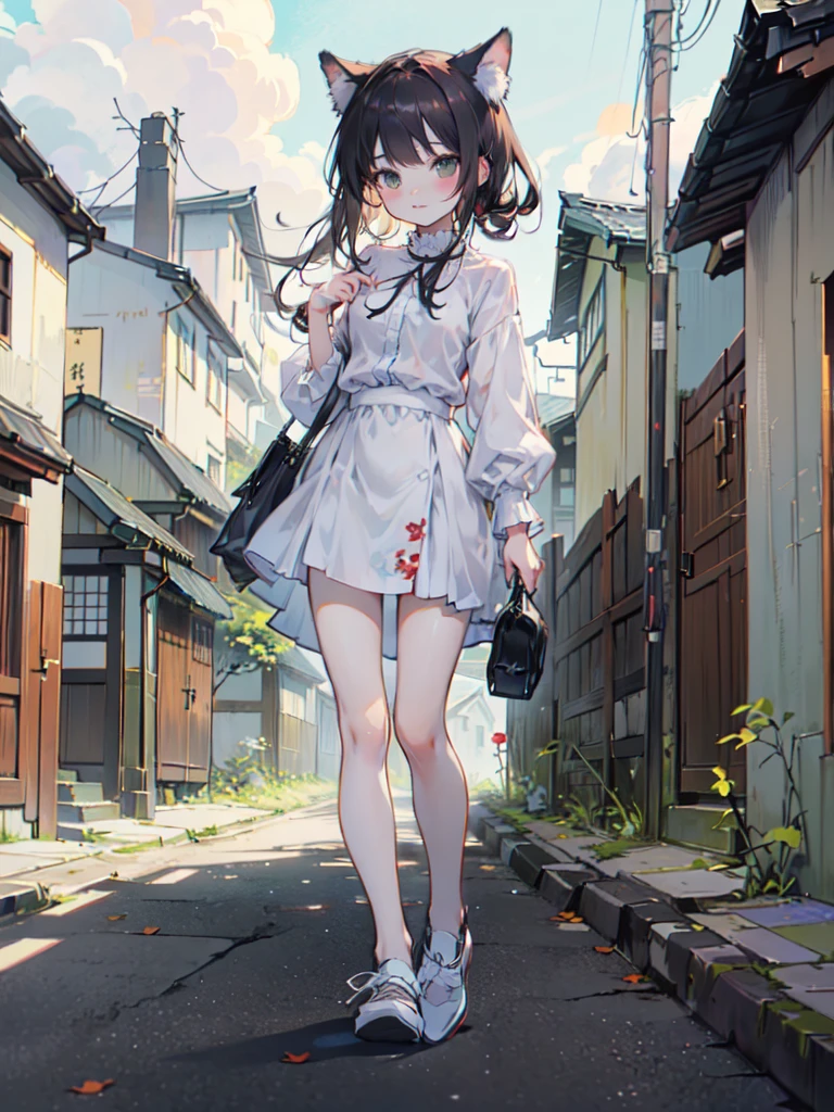 ((table, Best quality: 1.1), ((Anime girl в синем платье и дорожной сумке.)), ((Shoes - sneakers.)),Anime girl , dressed in a cute suit,((Autumn sky in Kyoto)), ((Brown hair))、(long hair)、Very Beautiful Anime cat girl, аниме cat girl, ((White knees)), Attractive cat girl, inspired by Leiko Ikemura, Ai Takano&#39;s color style, In the art style of Ryuu no Oshigoto, cat girl, Touhou characters, Rei Hiroe、with a smile