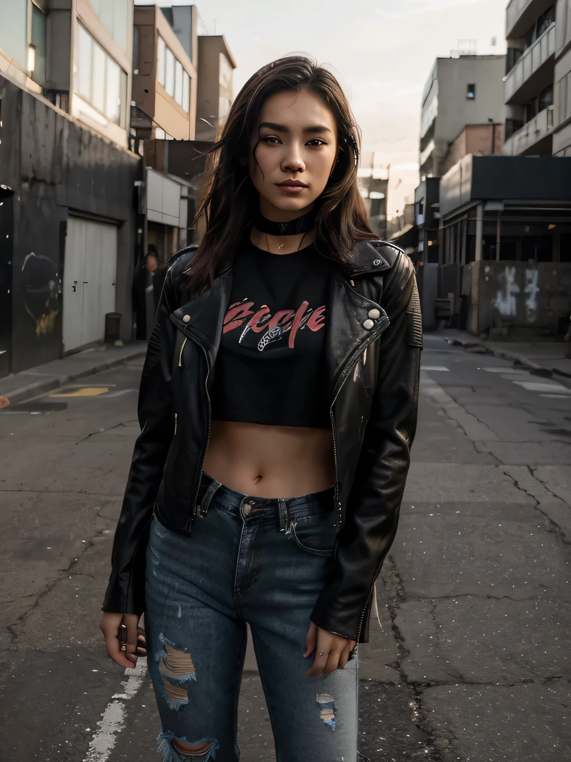The image depicts a young Japanese girl standing confidently against an urban backdrop. She is wearing a striking ensemble that exudes a bold and edgy vibe.
At the center of the image is the girl herself, her posture conveying a sense of self-assurance and poise. She is dressed in a sleek black t-shirt with the bottom part tucked neatly into a pair of black ripped jeans. The jeans feature strategic tears and frays, adding to their rugged appeal.
Layered over the t-shirt is a biker's black leather double-collar jacket, which adds a further element of toughness to her look. The jacket's double collar design and rugged texture are highlighted, giving it a distinct and stylish appearance.
The girl's expression is confident and composed, reflecting her sense of individuality and strength. In the background, the urban setting provides a gritty backdrop, with hints of graffiti and city lights adding to the atmosphere.
Overall, the image captures the essence of urban chic, inviting viewers to appreciate the girl's unique style and presence.