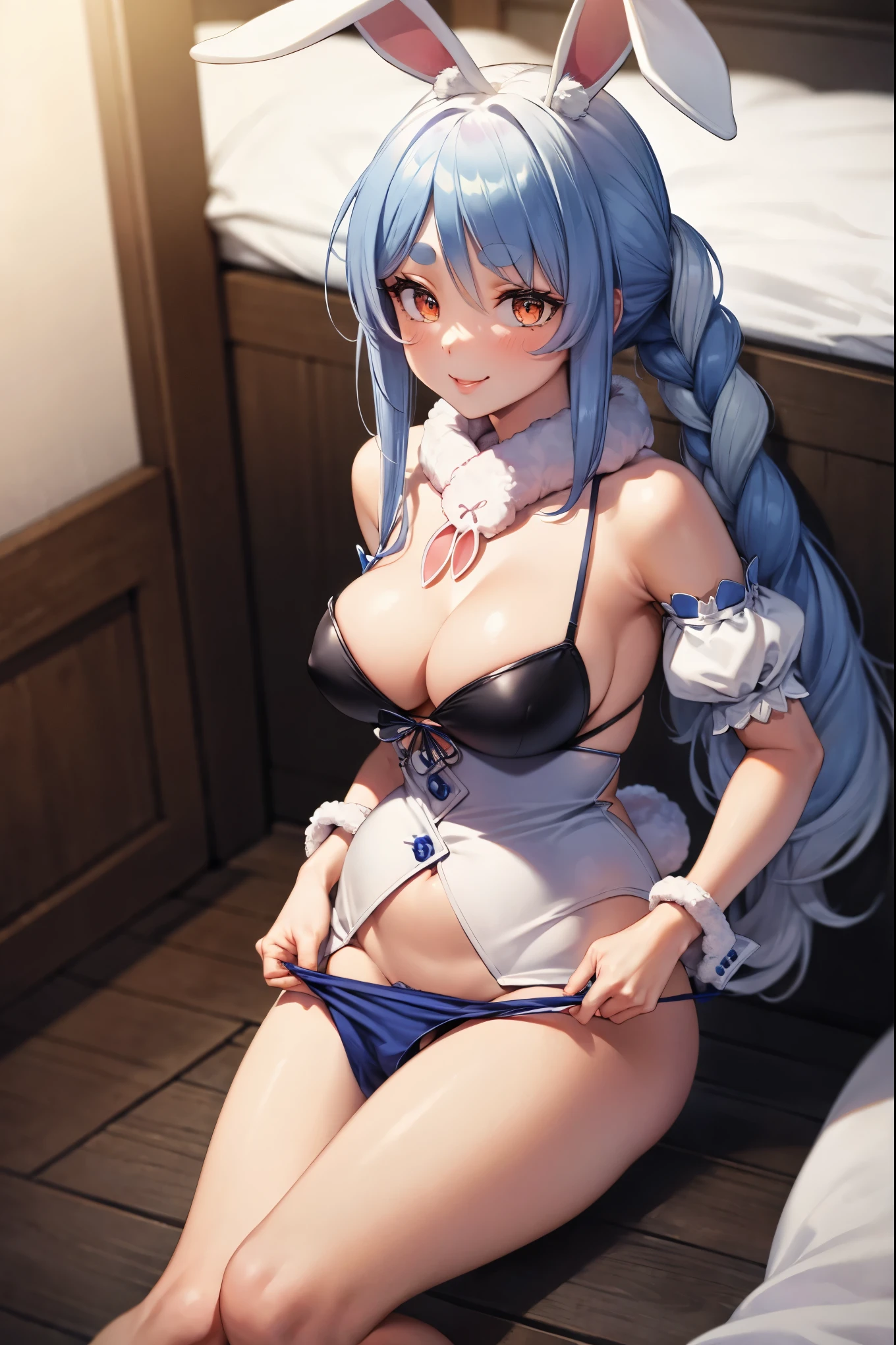 (masterpiece, best quality) ,(high resolution,weak outline),(textile shading), BREAK ((milfication, matured female, milf, large breasts:1.5)) , BREAK (1girl, Pekora), BREAK (breast cleavage, beautifuly shaped breasts, big breasts), BREAK ((big ass)), BREAK ((beautiful eyes)), BREAK (long hair), (((single braid))), (blue hair) BREAK ((rabbit ear)), BREAK ((blue lingerie)),  BREAK ((seductive smile)),  (in bedroom), (spreads her legs), (Shot from above), ((pov)), (((undressing, panty pull))), ((no clothes)),