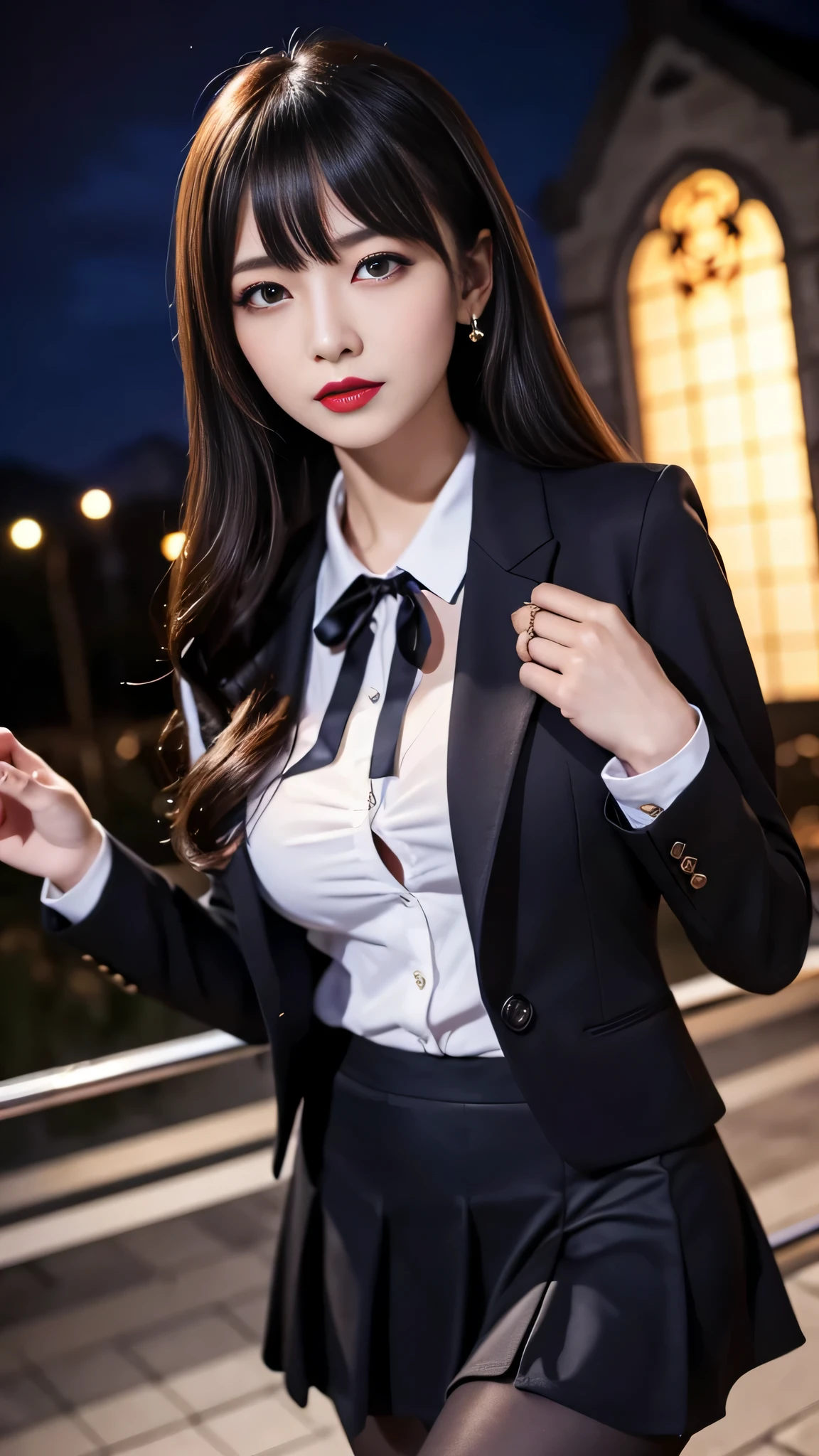 tra-detailed、2girls、Japanese、attractive beauty、seductive adult woman、pretty woman、piercing eyes、cool girl、wavy hair、swept bangs、suit、Jacket、blouse、ribbon、Tight Skirt、pantyhose、beautiful feet、Evil cadres、evil depravity、brainwash、mind control、lipstick、lip gloss、dark makeup、smirk、Evil expression、evil、hollow eyes,half-closed eyes、empty eyes、evil、church at night、vampire、succubus、vampire、Swear allegiance、stand