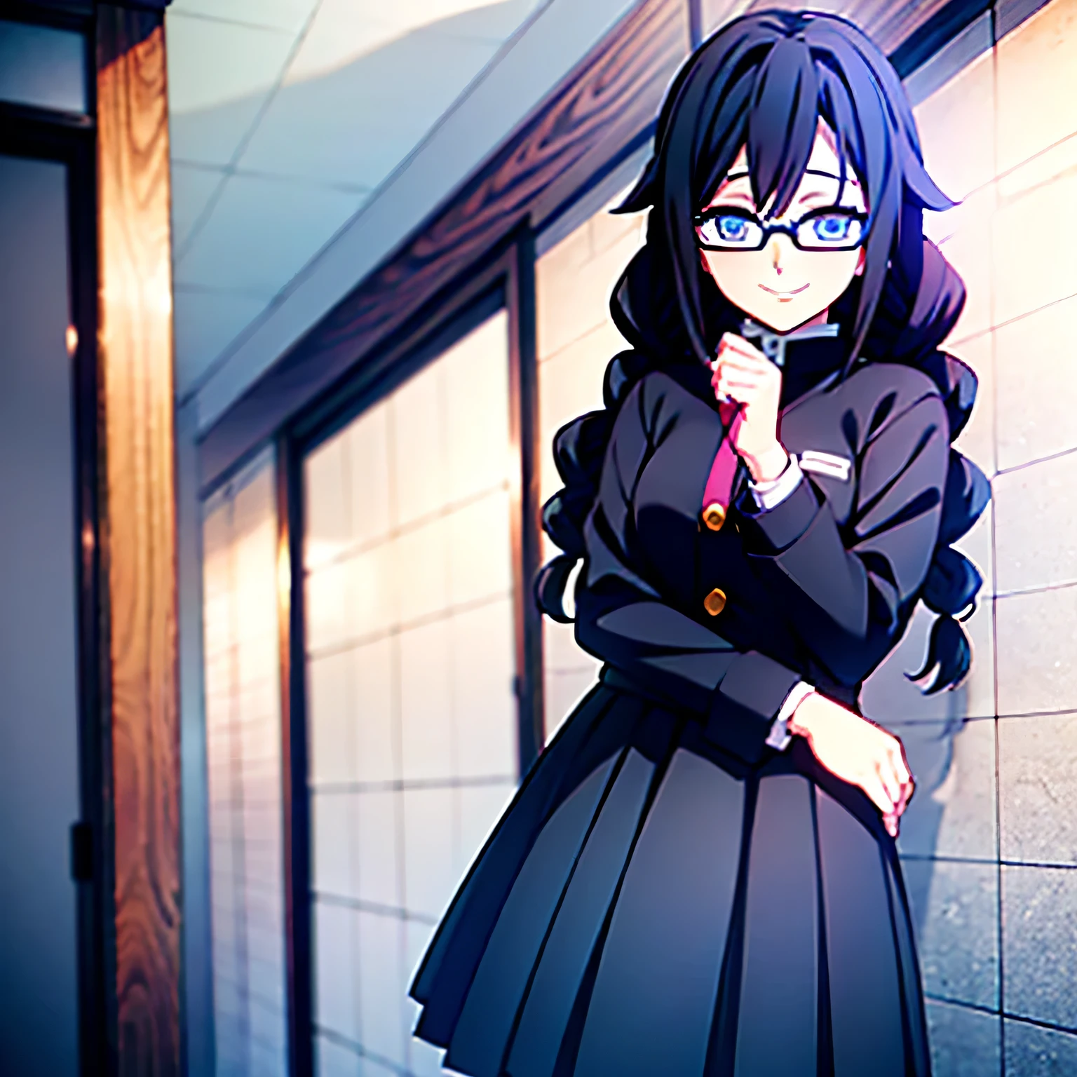 1 Girl, Mitsuri Black Hair, Tomioka + Mitsuri, BLUE EYES, smiling, huntress outfit, beautiful lighting. Destacando um azul vibrante. (Black Hair, Black Glasses, BLUE EYES))