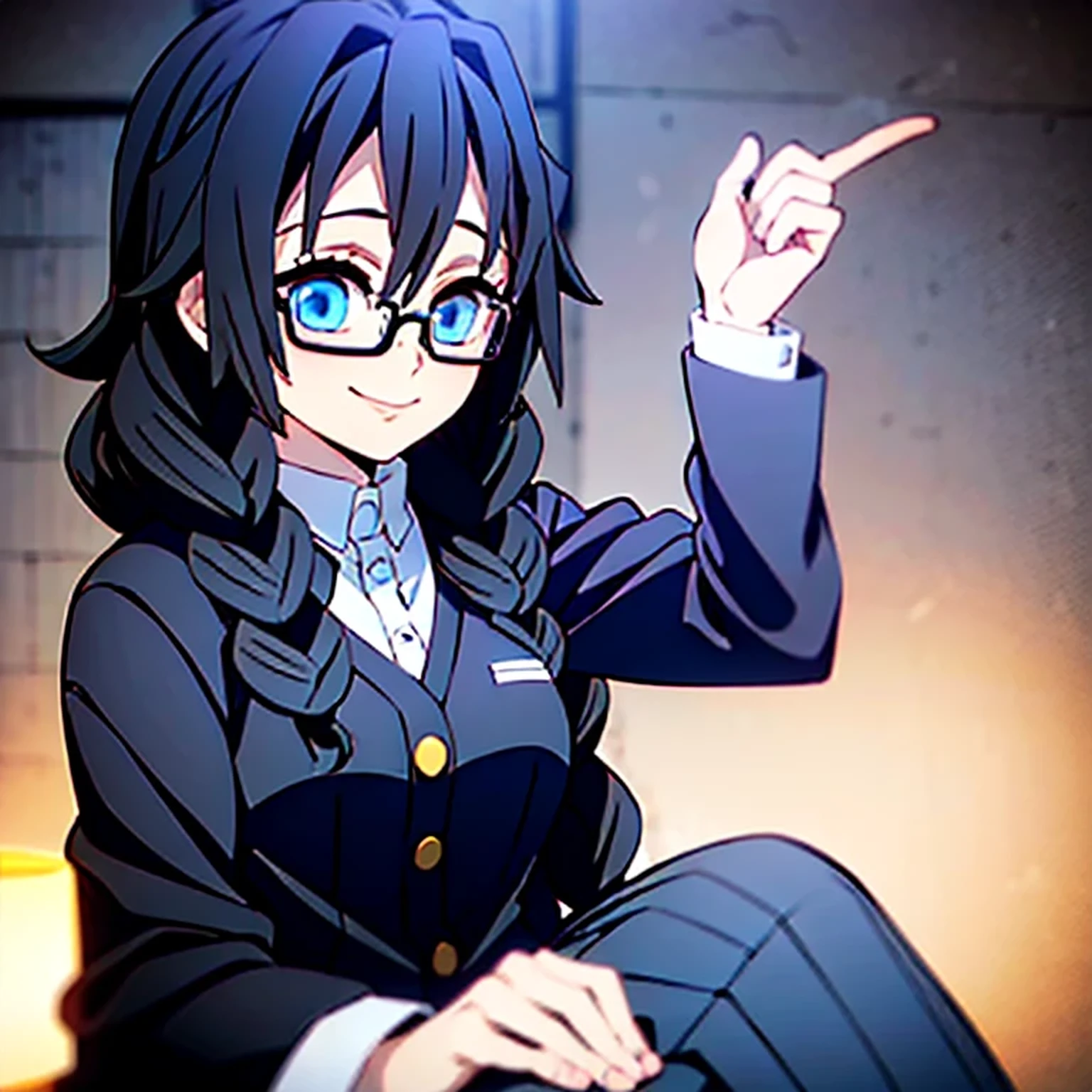 1 Girl, Mitsuri Black Hair, Tomioka + Mitsuri, BLUE EYES, smiling, huntress outfit, beautiful lighting. Destacando um azul vibrante. (Black Hair, Black Glasses, BLUE EYES))