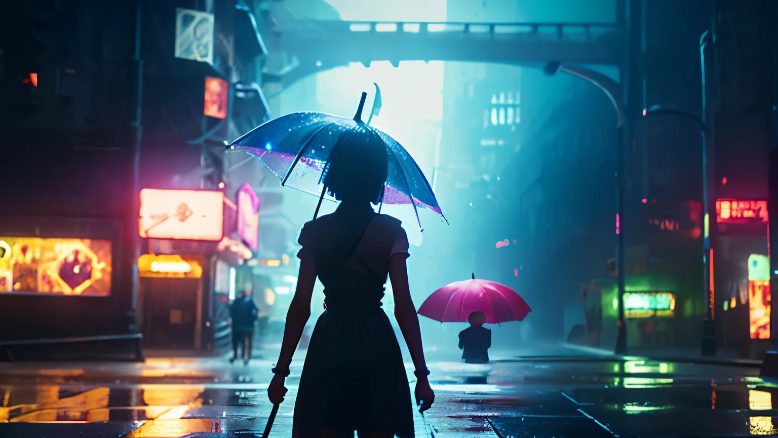 In the middle of the street, there is the back view of a li with a perfect figure holding an umbrella.,rain,one point perspective,many lights,night,cyberpunk,dark environment,high resolution,HD,8k