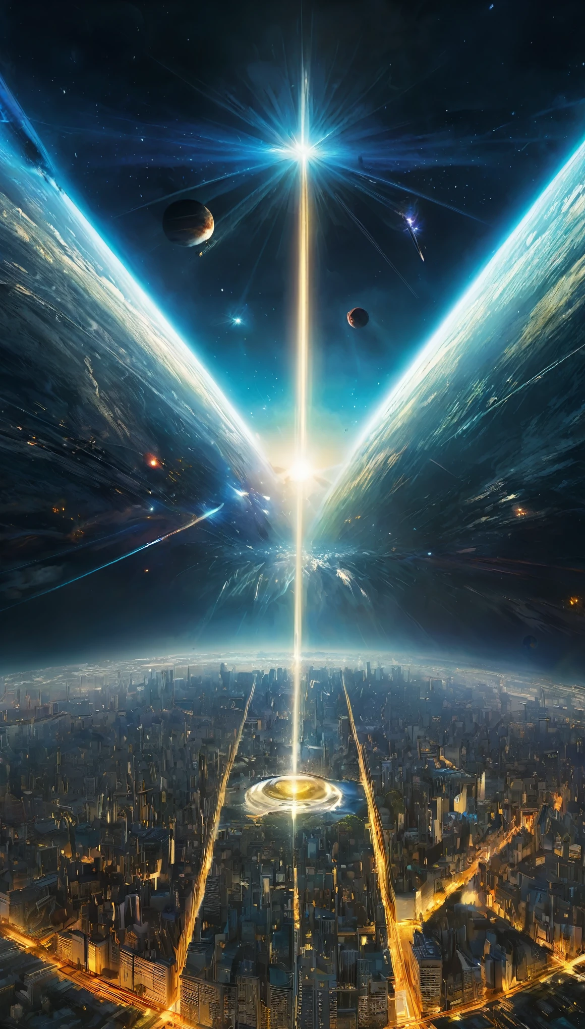 Erstelle ein Filmplakat, das eine frisch geformte Erde darstellt, leuchtend und voller Leben, im Zentrum eines weiten, untouched universe. A new morning light spreads across the earth's horizon, which symbolizes hope and endless possibilities. Um die Erde herum gruppieren sich Schattenfiguren von Superhelden und Mutanten, die mutig in die Zukunft blicken. They represent diversity and new alliances, that are possible in this universe. The title hovers above them "The New World" in einer leuchtenden, futuristischen Schrift, heralding the beginning of a new era in the Marvel Cinematic Universe.