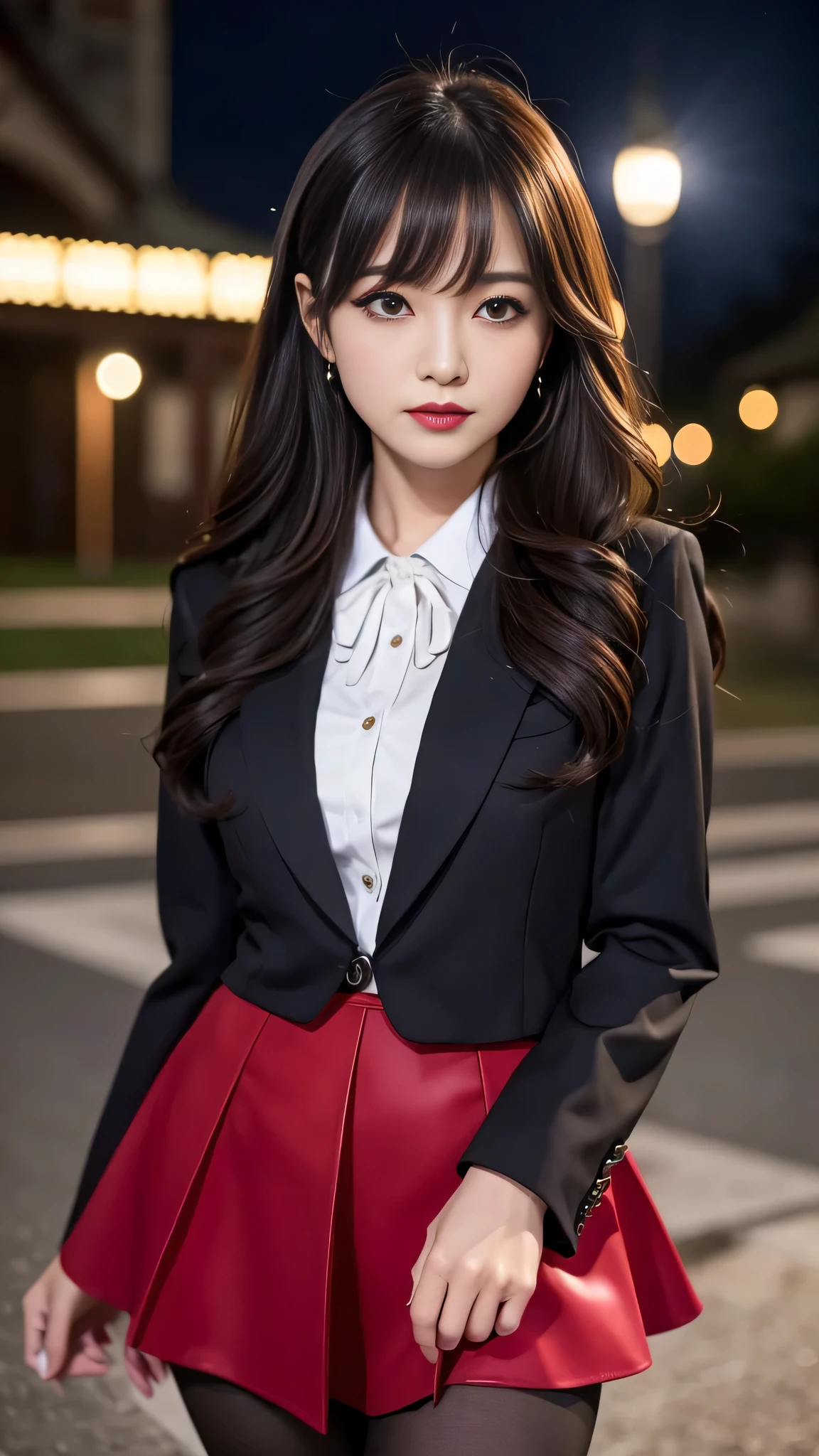 Super detailed、Japanese、charming beauty、seductive adult woman、Beautiful woman、sharp eyes、cool girl、wavy hair、flowing bangs、suit、Jacket、blouse、Tight Skirt、pantyhose、beautiful feet、evilの幹部、evil depravity、darkness、brainwashing、Mind control、lipstick、grin、evilな表情、evil、empty eyes、evil、church at night、lipstickを塗るメイクブラシ、Hypnosis