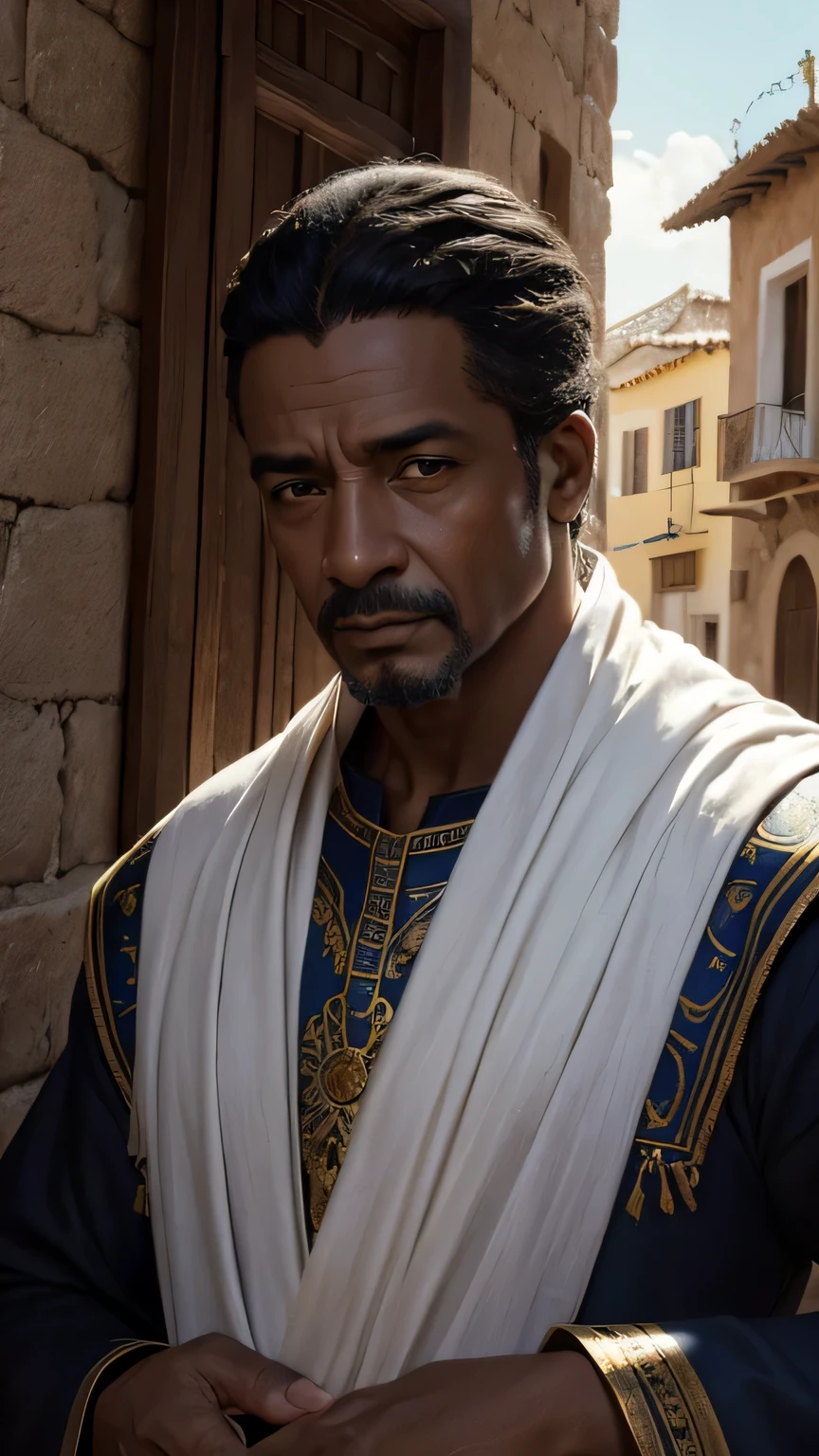 Retrato de corpo inteiro de um homem blasiano de pele escura medieval de 30 anos, olhos amendoados, hazel eyes, well-groomed medium hair, Fantasia tradicional roupas de nobre norte-africano, faixa de cintura, exotic, rico, Elaborar, colorida, primorosamente decorado, Estampado, In a fantasy medieval traditional North African town, (backlight), realista, obra de arte, Mais alta qualidade, reflexo de lente, sombra, florescer, [[Chromatic aberration]], por Jeremy Lipking, por Antonio J.. Manzanedo, pintura digital