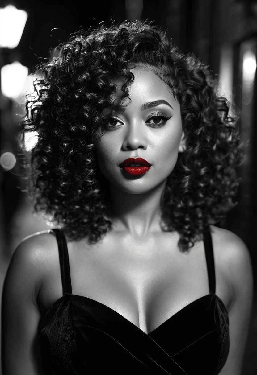 (best quality,ultra-detailed,realistic:1.37),noir,portrait,woman,biracial,curly hair,sultry gaze,mysterious lighting,urban setting,dark alley,femme fatale,velvet dress,red lipstick,smoky eyes,intense expression,cityscape,nighttime,atmospheric,hint of danger,revealing neckline,playful yet seductive,jazz music,black and white,contrast,dynamic composition