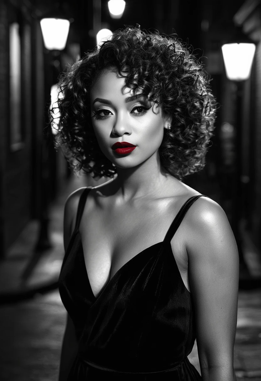 (best quality,ultra-detailed,realistic:1.37),noir,portrait,woman,biracial,curly hair,sultry gaze,mysterious lighting,urban setting,dark alley,femme fatale,velvet dress,red lipstick,smoky eyes,intense expression,cityscape,nighttime,atmospheric,hint of danger,revealing neckline,playful yet seductive,jazz music,black and white,contrast,dynamic composition