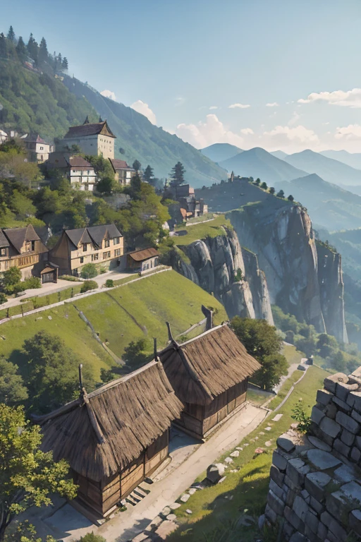 big Slavic village up on the mountain, thatched roofs, village on a rocky cliff, tightly packed houses, narrow passages, tight spaces
