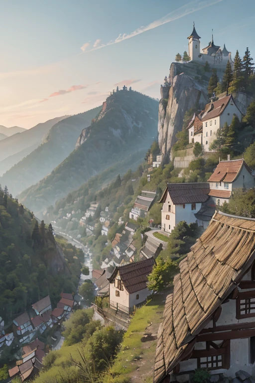 big Slavic village up on the mountain, thatched roofs, village on a rocky cliff, tightly packed houses, narrow passages, tight spaces
