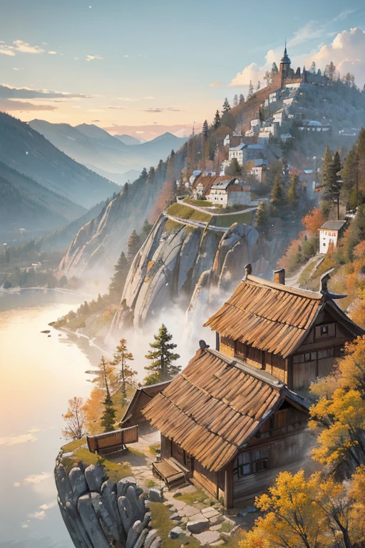 big Slavic village up on the mountain, thatched roofs, village on a rocky cliff, tightly packed houses, narrow passages, tight spaces
