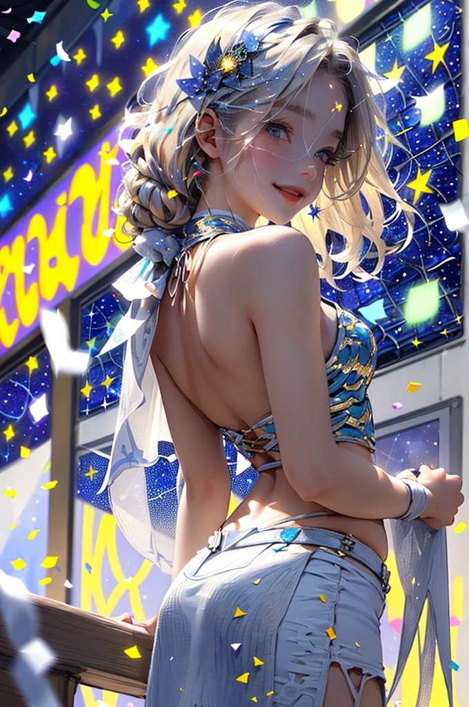 VLP, Aeolian,smile, mini skirt, blonde hair,(starry night sky, Confetti background:1.5)), ethereal glowing, arching your back, navel, hips, face close up, ultra detailed, small parts, detailed eyes and face, Sharp students, realistic students, (Light blue and white idol costume:1.4)