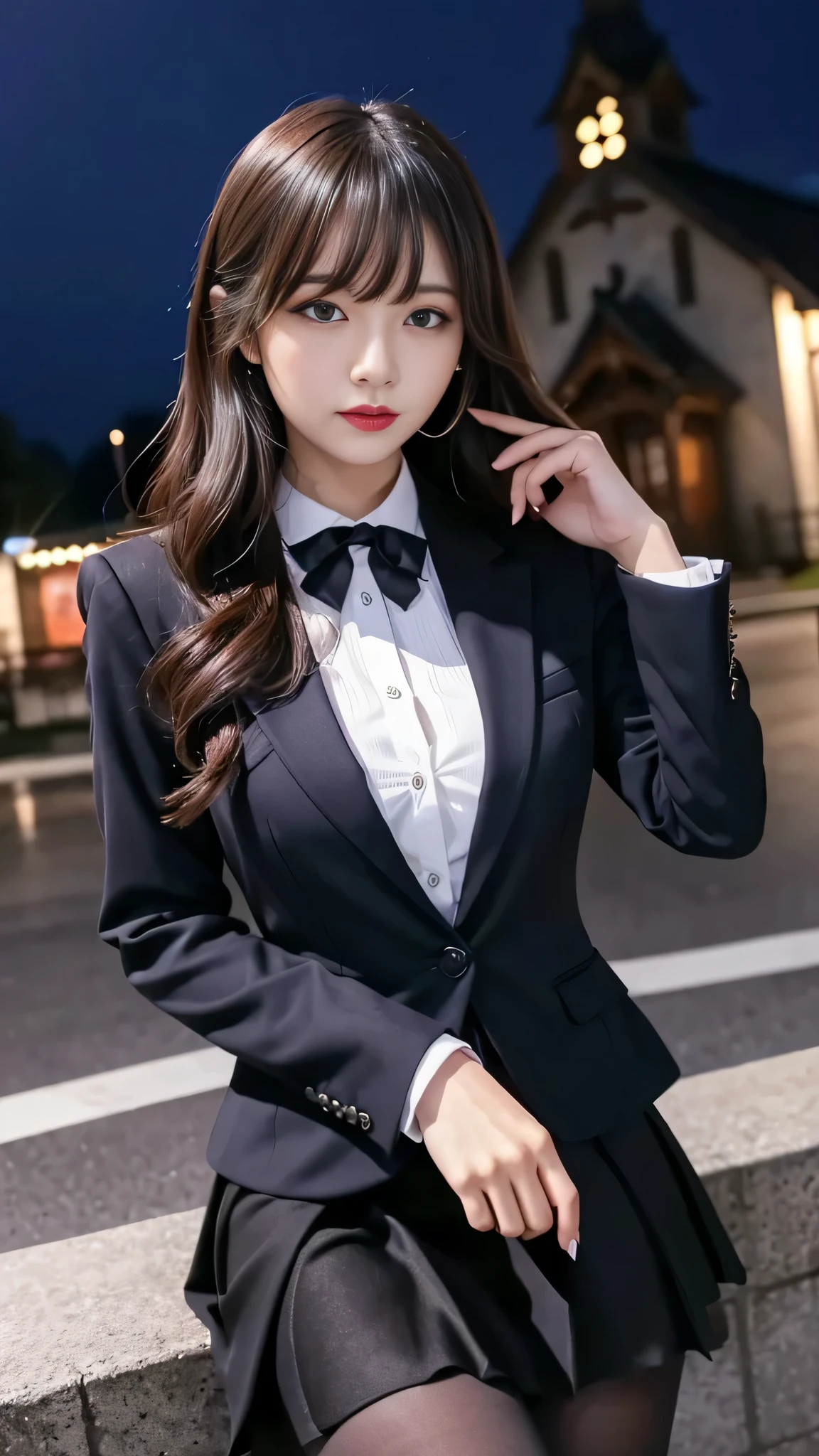 tra-detailed、2girls、Japanese、attractive beauty、seductive adult woman、pretty woman、piercing eyes、cool girl、wavy hair、swept bangs、suit、Jacket、blouse、ribbon、Tight Skirt、pantyhose、beautiful feet、Evil cadres、evil depravity、brainwash、mind control、lipstick、lip gloss、dark makeup、smirk、Evil expression、evil、hollow eyes,half-closed eyes、empty eyes、evil、church at night、vampire、succubus、vampire、Swear allegiance、stand