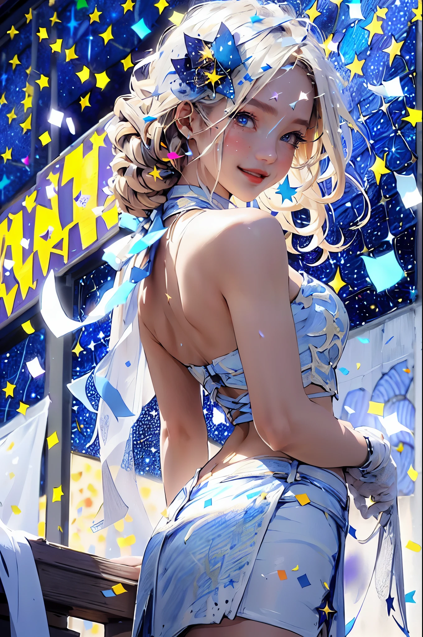 VLP, Aeolian,smile, mini skirt, blonde hair,(starry night sky, Confetti background:1.5)), ethereal glowing, arching your back, navel, hips, face close up, ultra detailed, small parts, detailed eyes and face, Sharp students, realistic students, (Light blue and white idol costume:1.4)