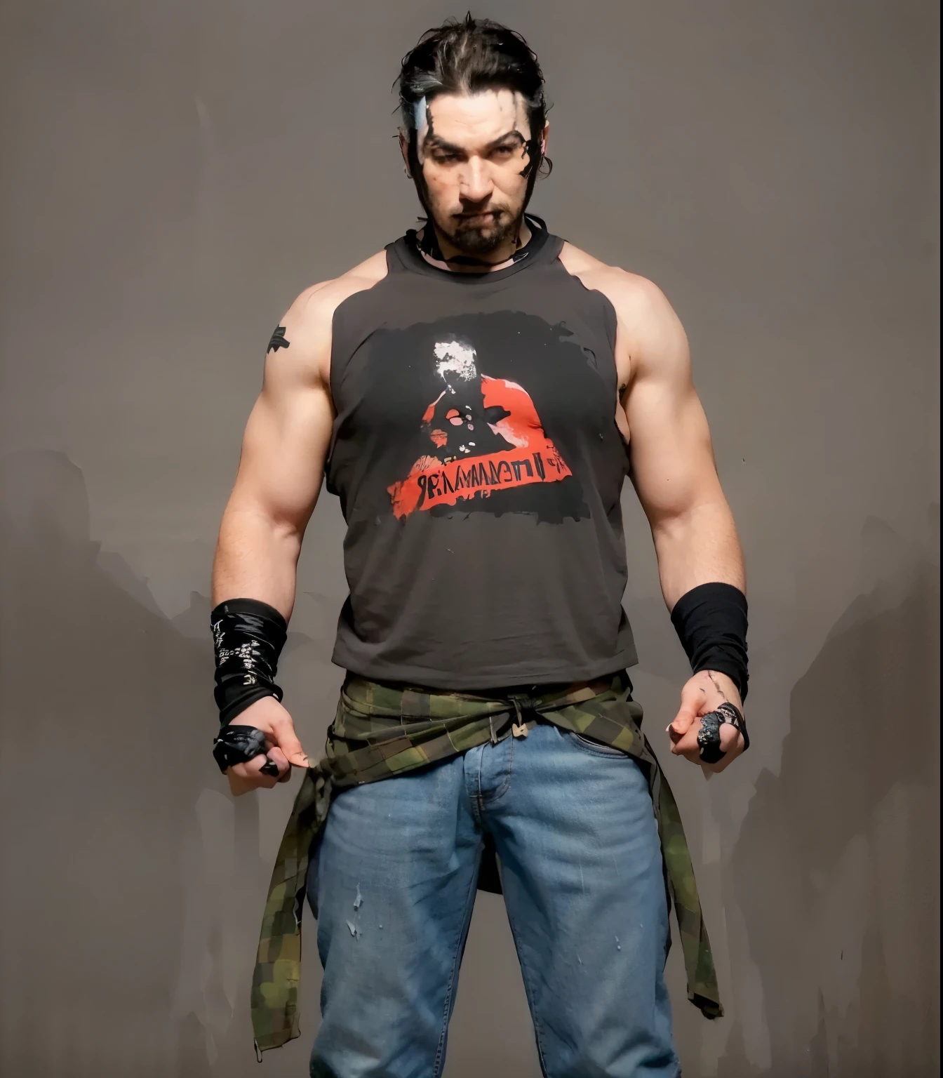 (RAW photo, best quality), (realistic, photo-realistic:1.4), masterpiece, angry man wrestler with smuged white and black face paint running down neck with red paint around eyes , grey shirt with logo of man in white face paint that says " casy maxwell" with black wrist tape and ripped blue jeans and a plaid shirt tied around waist, bat tatto on right upper arm and a black cord necklacefull body portrait, realistic face, realistic body