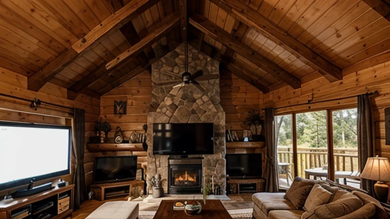 inside a cabin with a large tv on the wall over a fireplace