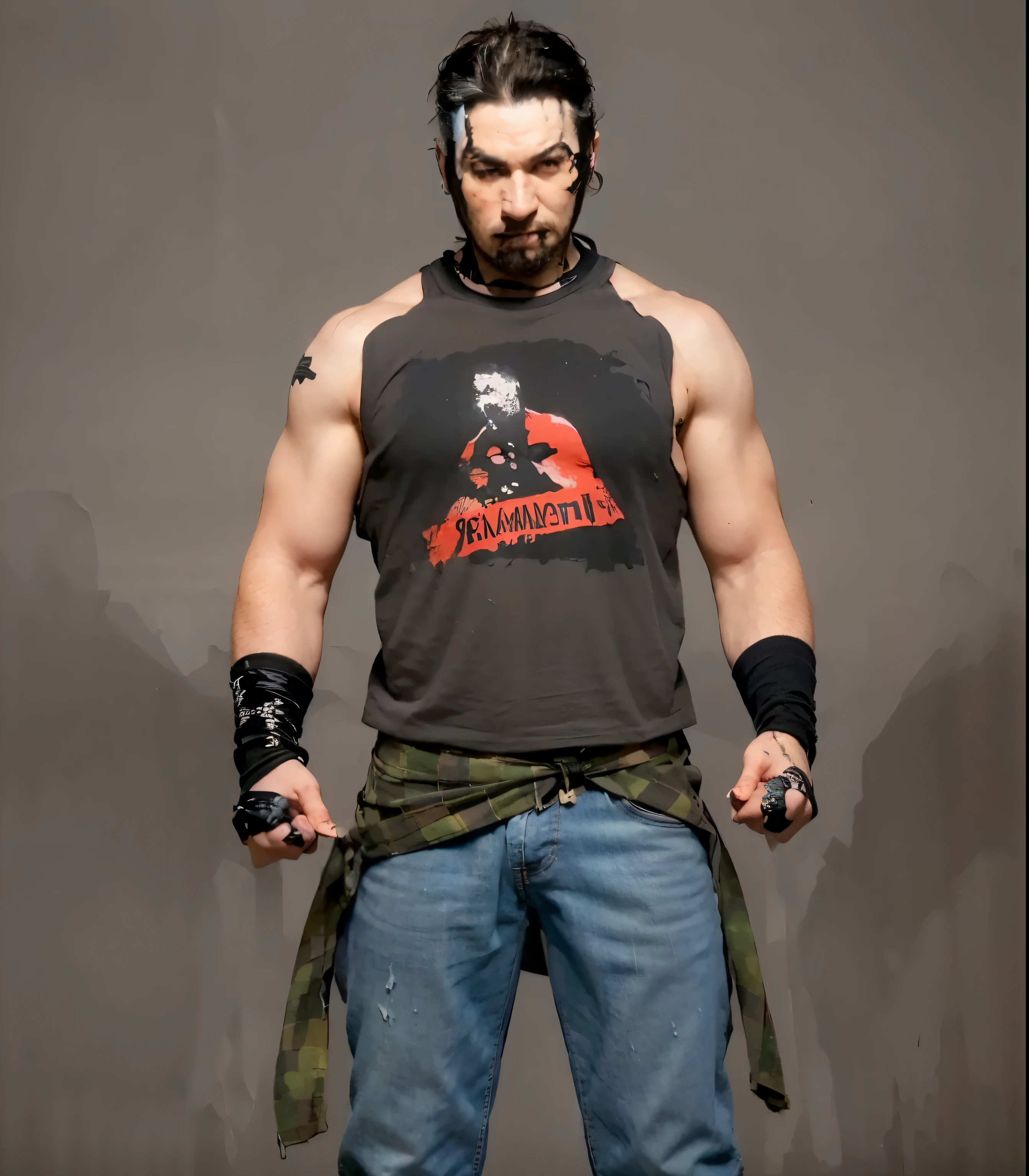 (RAW photo, best quality), (realistic, photo-realistic:1.4), masterpiece, angry man wrestler with smuged white and black face paint running down neck with red paint around eyes , grey shirt with logo of man in white face paint that says " casy maxwell" with black wrist tape and ripped blue jeans and a plaid shirt tied around waist, bat tatto on right upper arm and a black cord necklacefull body portrait, realistic face, realistic body