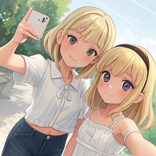 1 filles, , , 10 ans , poitrine plate, cheveux blond, (soutien-gorge blanc:1.2), rougir, Selfie, vue d'en bas, (Faible angle), Meilleures ombres, aquarelle,