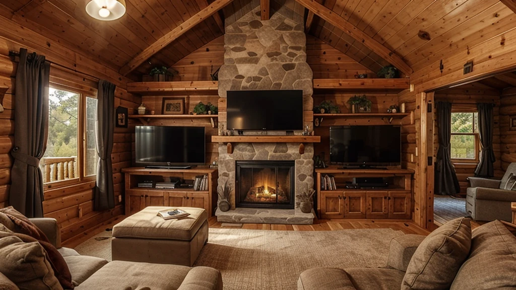inside a cabin with a large tv on the wall over a fireplace