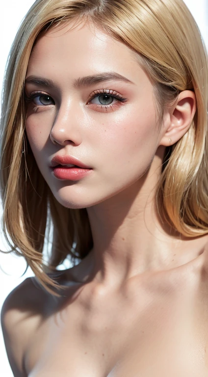 Fashion trendy beautiful and attractive woman, ,(Top quality realistic textured skin:1.4), fine eyes, detailed face, high quality eyes, focus the eyes clearly, nose and mouth,face focus, delicate and sexy clavicle, attractive oval face, double eyelid, Smart peach blossom eyes, pink lips, small nose, bare shoulders, focus on face, close up of face, ultra high resolution, Super detailed, full body photo, Ultra thin and transparent,cinematic lighting,rim light,((Blonde Hair Color))、Completely naked,(nsfw),(((全身Completely naked))),(((((nsfw))))),(((full body shot))),((The nostrils are pointing upwards))