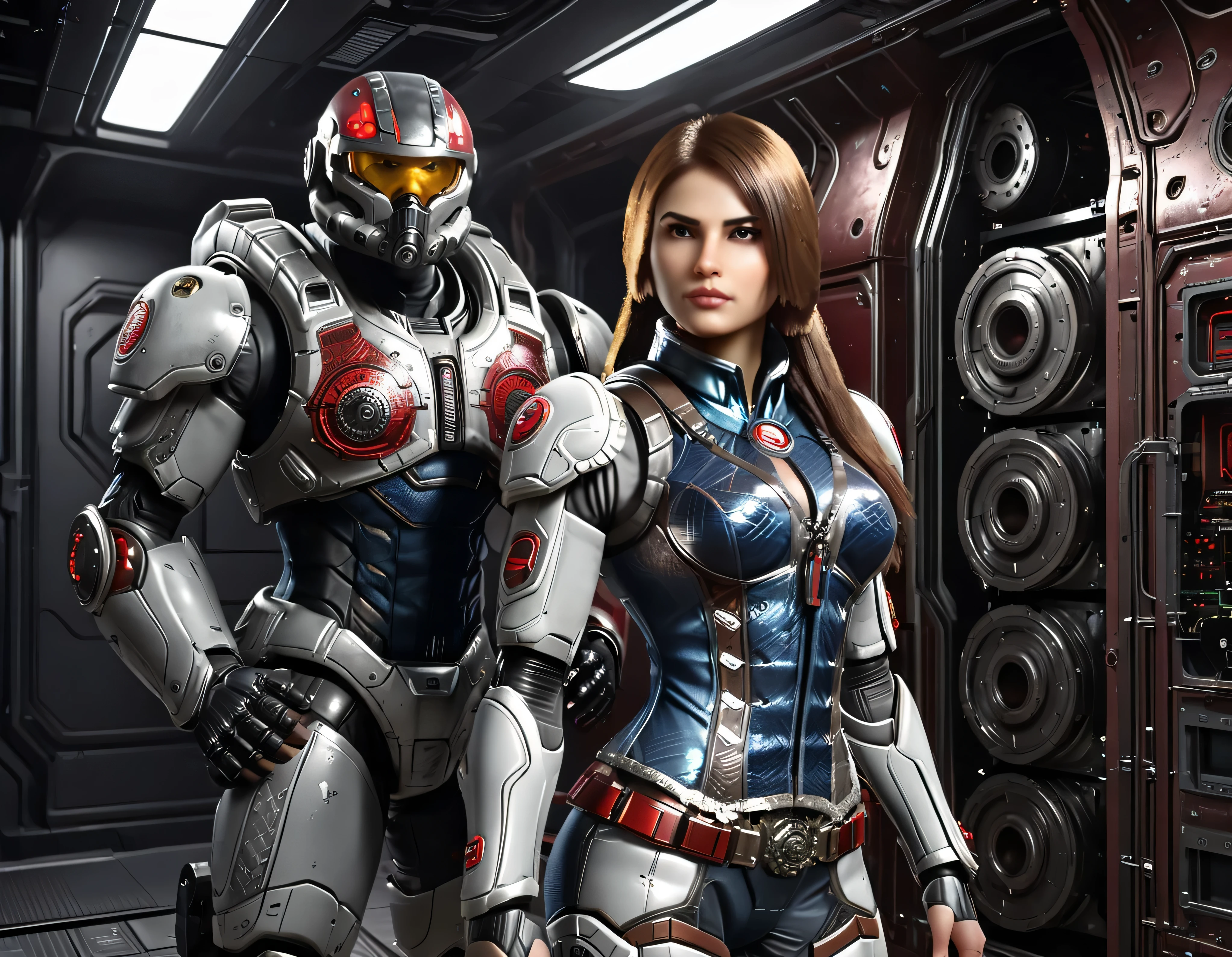 una joven bella,exuberante,imponente, (cuerpo completo), con uniforme espacial sofisticado tecnologicamente,con toque de gears of war, sexy con minifaldas, se encuentra, en un amplio salon del centro de control de una spacecraft, con gran tecnologia instrumental, ordenadores, luces indicadoras led de diferentes colores,terminal de computadora,servidores de computadoras, pantallas lcd, algun robot sentado manejando estos ordenadores, y con un amplio ventanal donde se ve la ciudad de coruscant, en un entorno de ciencia ficcion de primer nivel, ,todo lleno de imaginacion,ciencia ficcion y (intrincados detalles de la maquina).imagen fotorrealista,nitidez maxima, calidad 8k.(obra maestra de calidad superior).(renderizado 3d). obra maestra de superior calidad.