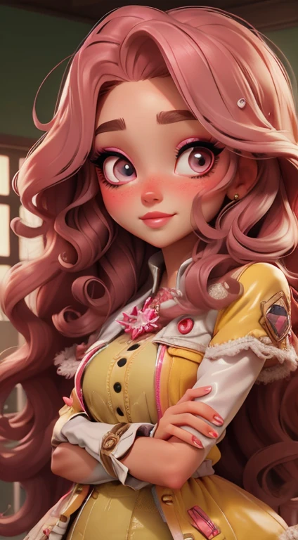 1 young woman, ((look at the viewer)), young woman, looks like an angel, with blond long curly hair, grey eyes, long red eyelashes, bright pink facial skin, (denim white jacket) with bright details, ((precise detailing)), Exact Details, rhinestones, swarovski, diadem