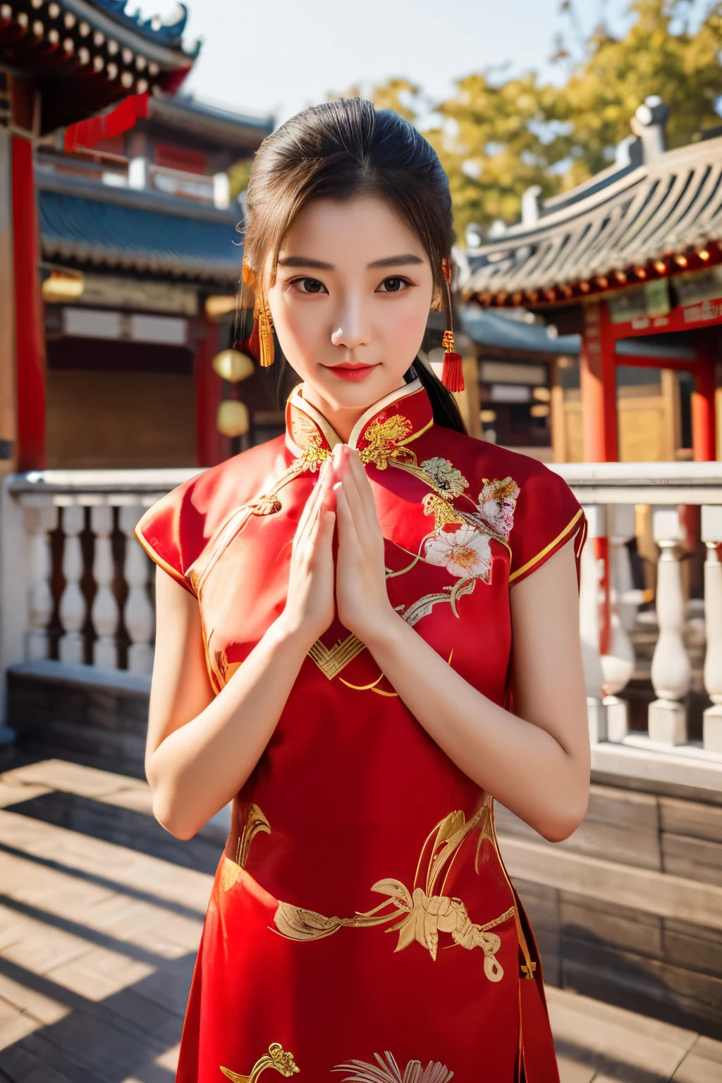 (Masterpiece、High level of image quality、high quality)、(Beautiful realistic Chinese woman:1.5、Beauty:1.4)、temple、January、Woman folds her hands in prayer、perfect anatomy、beautiful limbs、Wear red Hanfu dress、23 years old、Chinese loft building in the background,patio