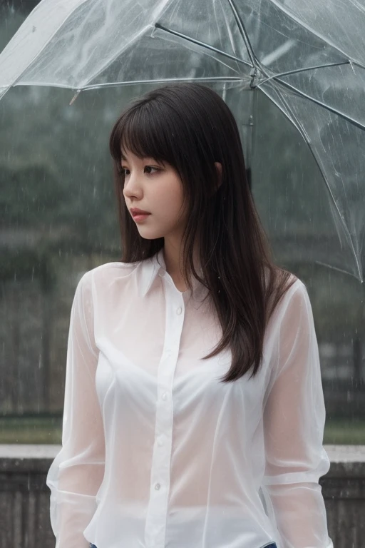A beautiful girl wearing white transparent shirt in rainy day, 