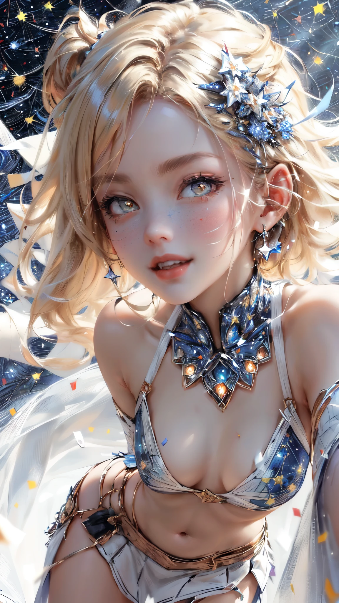 wlop, aeolian,Smile, Mini skirt, Blonde hair,(Starry Night Sky, Confetti background:1.5)), ethereal glowing, arching back, navel, Thighs, close-up face, Ultra detailed, finedetail, Detailed eyes and face, Sharp pupils, Realistic pupils, (Light blue and white idol costume:1.4)