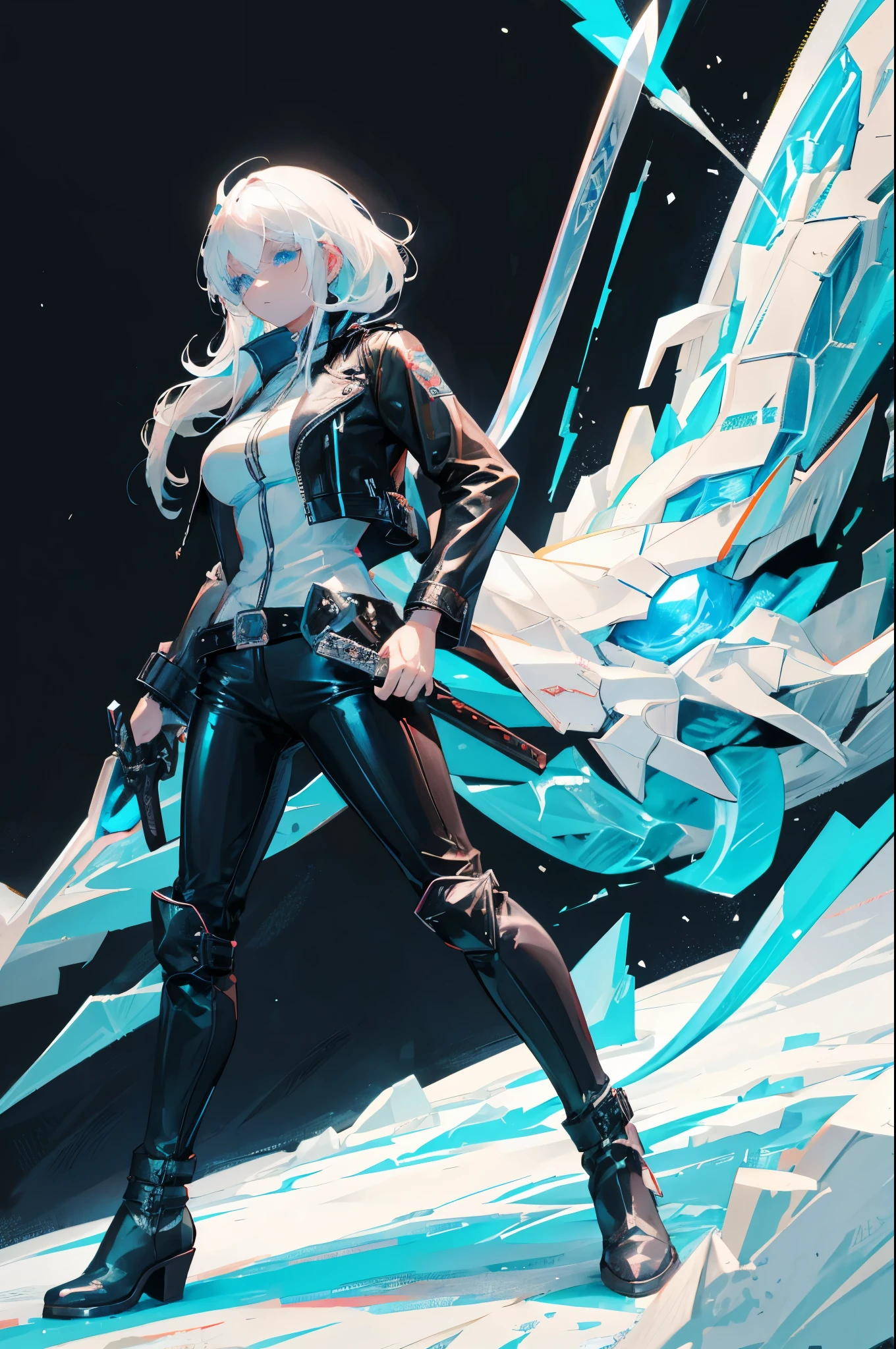 create a female anime character with white hair, blue eyes, wearing black leather jacket, leather trousers, wearing long boots with buckles. She's holding massive sword. The character is wrapped around a dragon made of ice.
