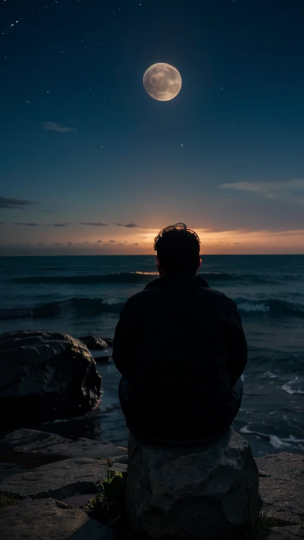 Siluet, midnight, pitch black, a fat boy sitting on rock looking at the big fullmoon, many stars on sky, blue ocean, from behind, from far
