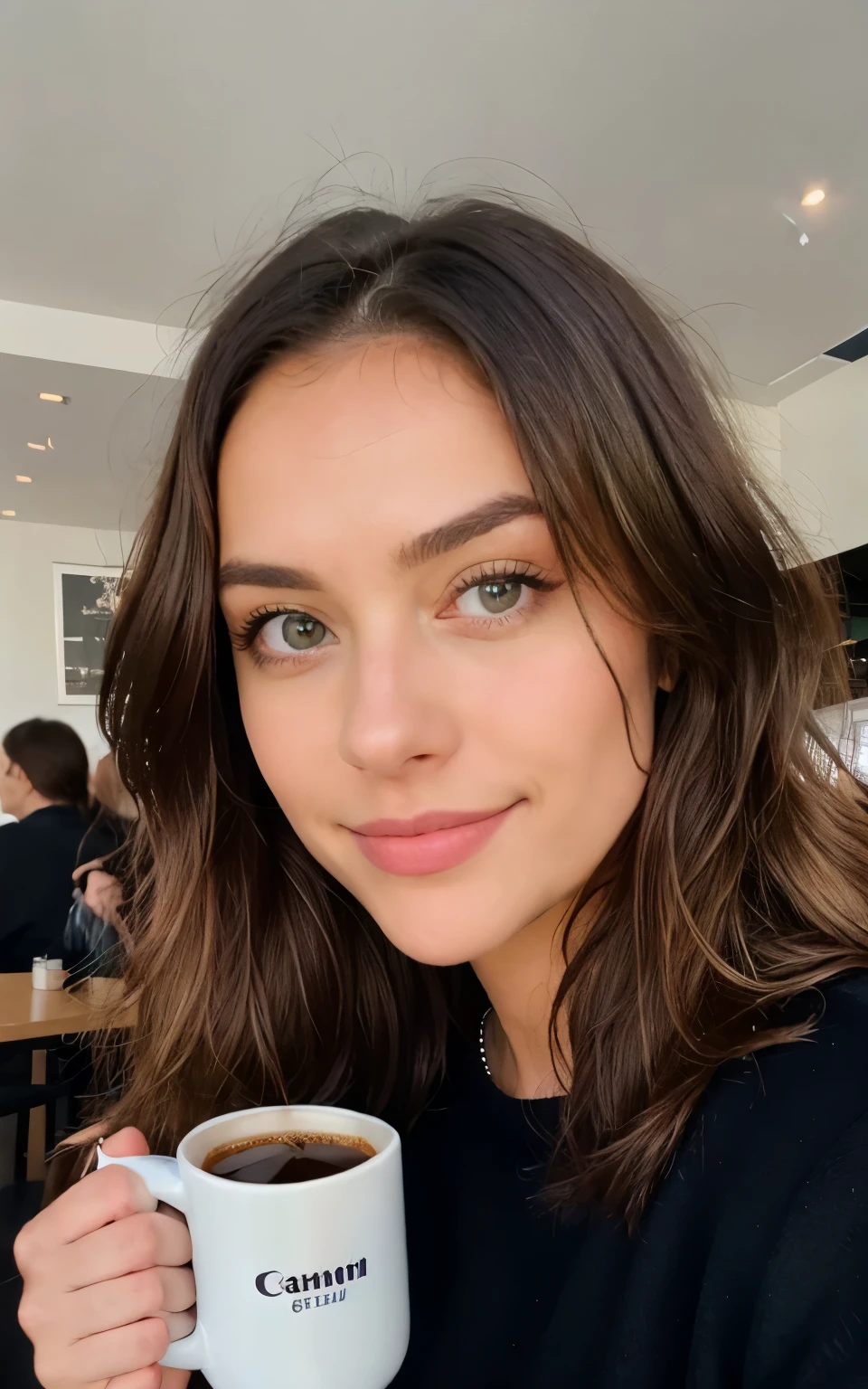 Cute beautiful blonde with yellow sweater (Drinking coffee in a modern café at sunset), sehr detailliert, 14 Jahre alt, unschuldiges Gesicht, naturally wavy hair, blaue Augen, high-res, Meisterwerk, best qulaity, komplizierte Details, sehr detailliert, scharf Fokus, detaillierte Haut, realistische Hauttextur, Textur, detaillierte Augen, professionell, 4k, charming smile, aufgenommen mit Canon, 85 mm, light depth of field, Kodak Vision-Farbe, perfectly fitting body, extrem detailliert, Foto_\(ultra\), fotorealistisch, realistisch, Nachbearbeitung, maximale Details, Rauheit, echtes Leben, ultrarealistisch, Fotorealismus, Fotografie, 8k uhd, Fotografie