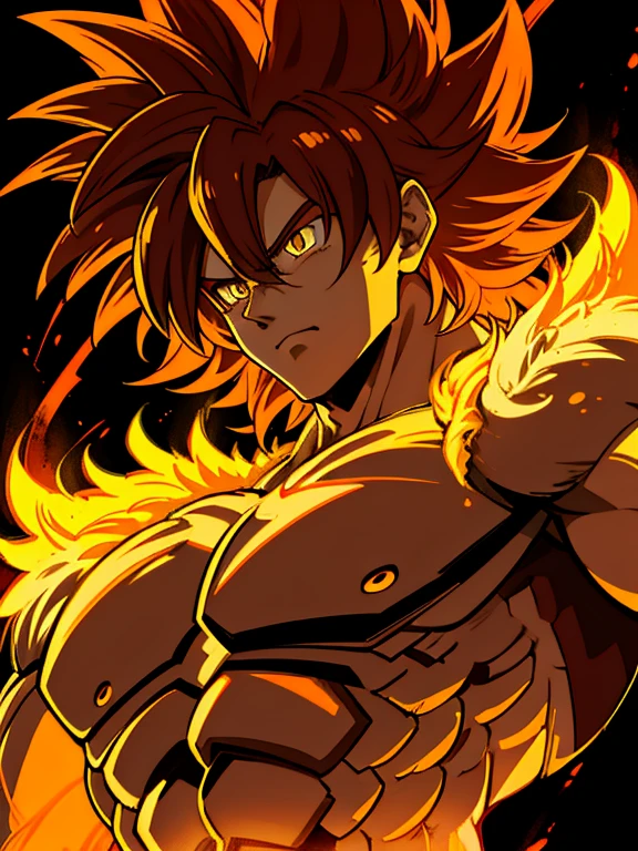 Sun Wukong Super Shaye God looked at the audience, Serious face. Yellow-orange aura of power. musculature. Soft light. Digital art. Traces of anime from the 90s. Orange torn clothes. Face definition,