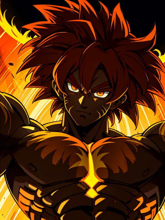 Sun Wukong Super Shaye dark God looked at the audience, Serious face. Yellow-orange aura of power. musculature. Soft light. Digital art. Traces of anime from the 90s. Orange torn clothes. Face definition,
