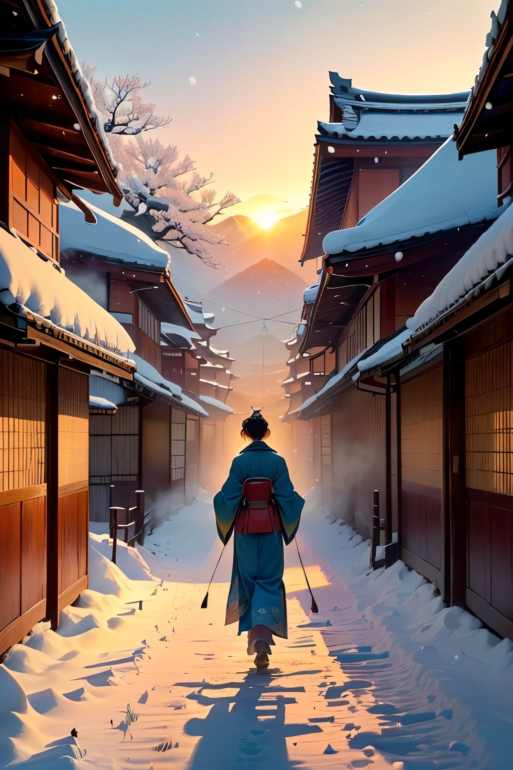 ((Melhor qualidade)), ((obraCreate an inspiring and poetic scene of a stroll through ancient Japan, filled with atmospheric and natural elements. Describe a scenario where snow gently covers the ground, creating a white canvas over the landscape. In the air, the soft scent of cherry blossom leaves dances delicately, transporting travelers to a state of contemplation. Under the diffuse light of the setting sun, the ancestral temples stand majestic, silent witnesses of bygone eras. There are no human presence in sight, only the serene quietness that permeates every corner of this picturesque setting. Invite readers to lose themselves in this scene, letting their minds wander through the traditions and mysteries of ancient Japan, in a moment of tranquility and admiration. de arte)), (detalhado), rosto perfeito