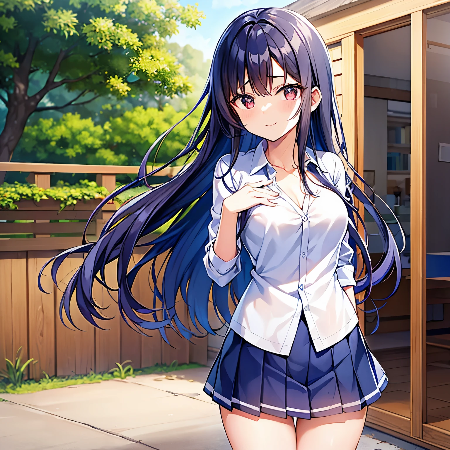 Nagatoro Hayase, 1 garota, standing, camisa branca, saia azul, sorridente, cabelo preto, olhos castanhos, cabelo longo, sentado, pernas cruzadas, hands behind the back, leaning into the camera, corar, pernas nuas, Sapatos pretos, , na escola, obra de arte, detalhado, alta qualidade, (sentado on blue cousch)
INFO
