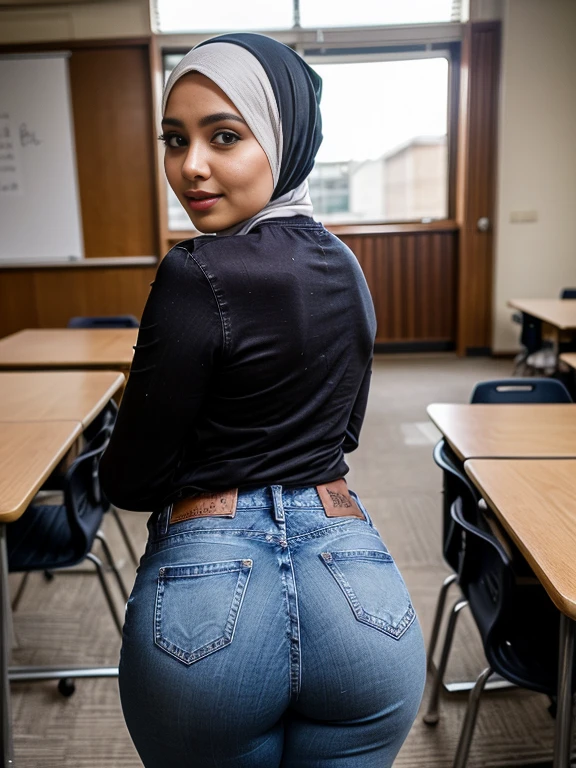 (view from behind), ((view from above)), (birds eye perspective), In an empty classroom, a young (hijabi) (muslim) confidently (stood) presenting her ass to viewer, ready to showcase her unique style and personality. She wore ((fitted sexy jeans)) and (long sleeves lace top), creating a fashionable ensemble that expressed her individuality. With a full face of makeup, her expressive mouth became the focal point of her captivating presence. Her lips were adorned with a vibrant shade, reflecting her confidence and boldness. As she stood, her expressive mouth conveyed a sense of playfulness and enthusiasm, radiating positivity and energy. Her hourglass figure was tastefully accentuated by her (fitted sexy jeans), The modern (hijab) and long sleeves top combination allowed her to express her personal style while adhering to school dress codes. fit body, round ass, protruding ass, ((looking at the camera))